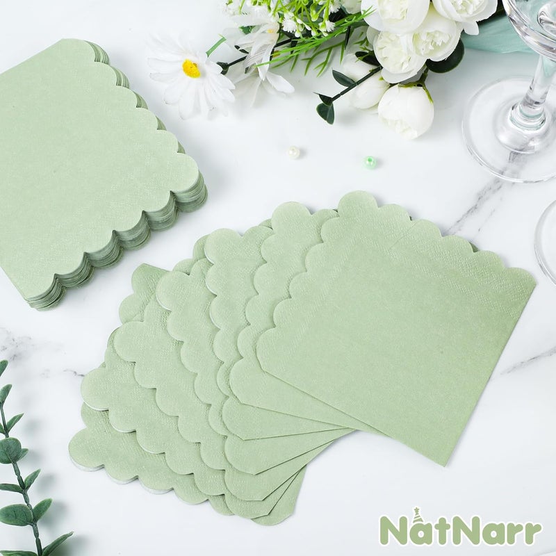 NatNarr 120 Pcs Cocktail Napkins Sage Green Napkins Disposable Dessert Beverage Napkin Scalloped Paper Napkin for Wedding, Bridal Baby Shower, Birthday, 5 x 5 Inch - Image 5